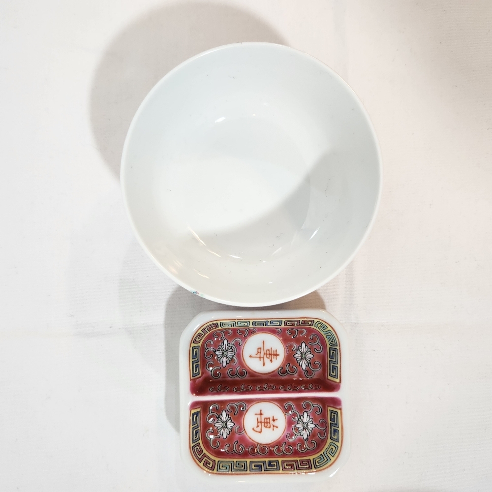 Asian Ceramic Rice Bowl Divided Condiment Dish Set - Picture 5 of 6